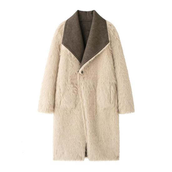 Faux Fur Long Trench Coat for Women Reversible Fuzzy Fleece Sherpa Lined Jackets Winter Furry Trimmed Casual Overcoat