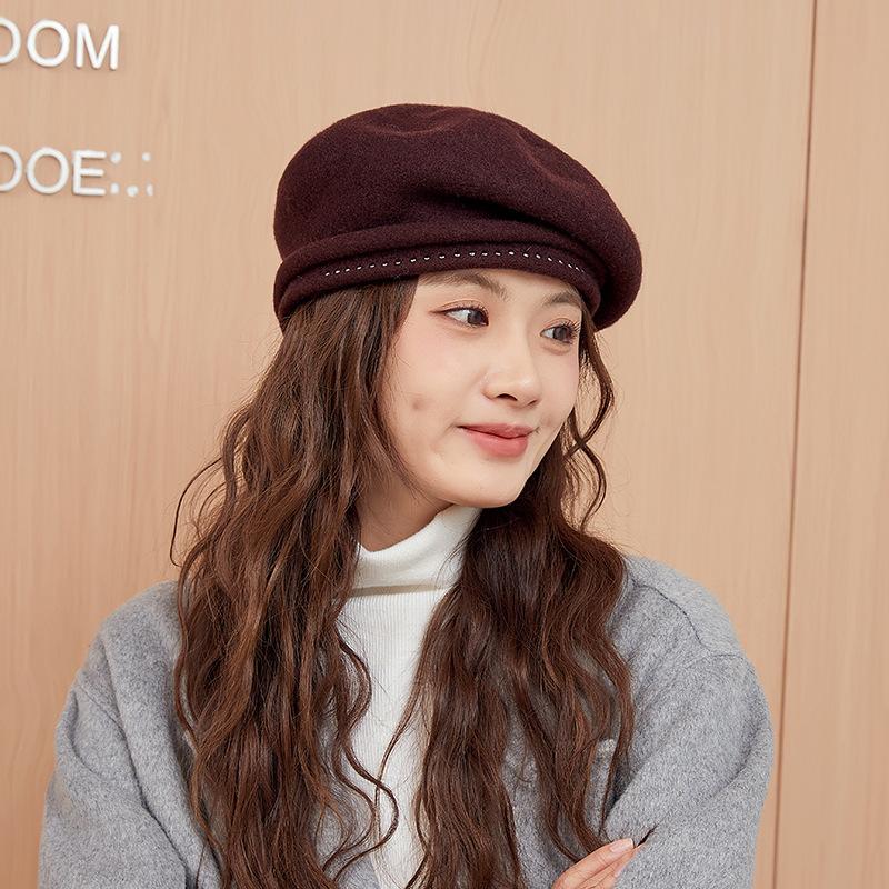 Winter Hat Women Beret Elastic Knit Solid Color Soft Warm Thick Windproof Decorative French Artist Painter Vintage Elegant C