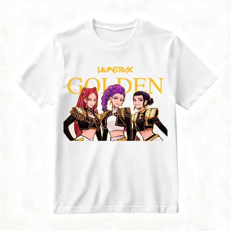 Women's oversized Huntrix gold cartoon character printed T-shirt, a must-have for summer street fashion KPop demon hunter style