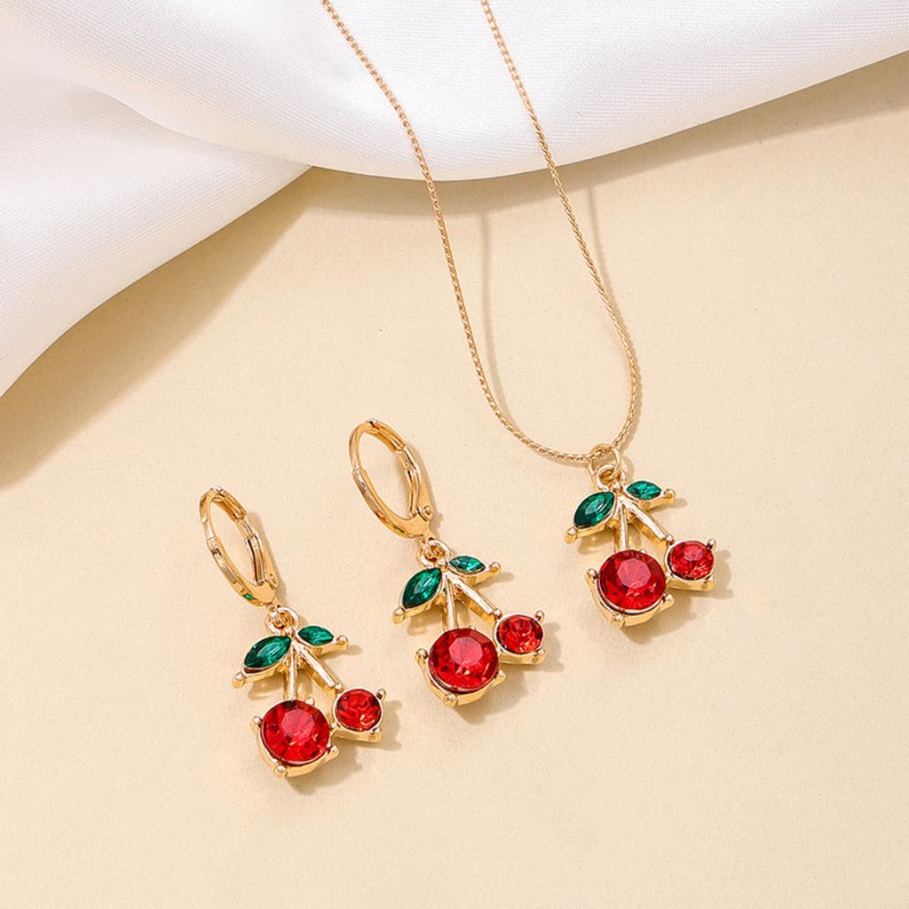 3PCS Cute Cherry Zircon Set Hypoallergenic Necklace and Eearrings Daily & Gift for Women