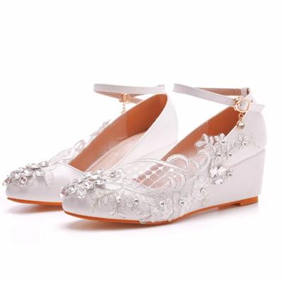 Fashion Pumps Women Shoes Round Toe Rhinestone Buckle Strap PU 5CM Wedges Heels Dress Sandals Japanese Style Women Shoes White