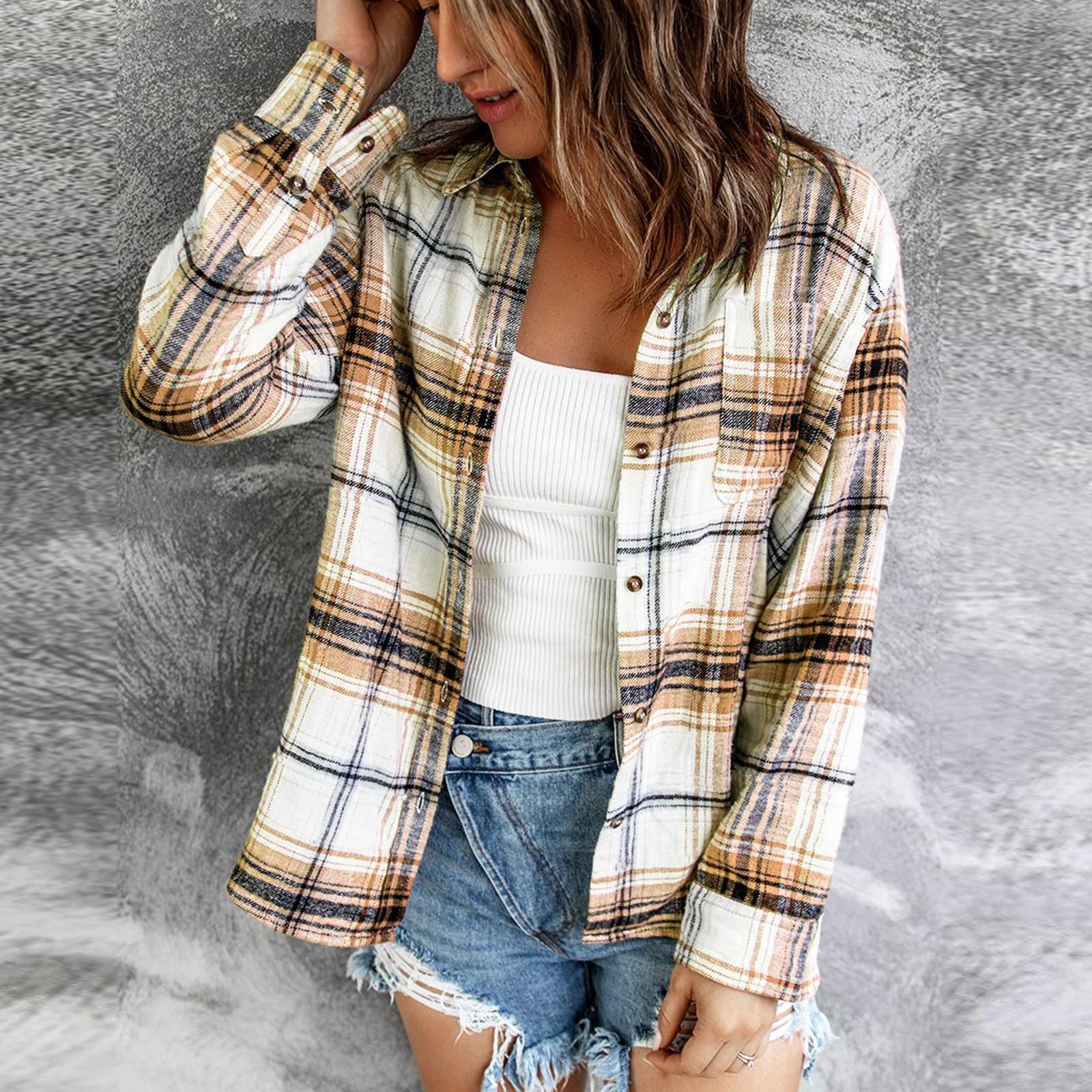 

Women Loose Top Plaid Color Block Long Sleeve Casual Ladies Blouse Coat Shirt Jacket XXL жовтий