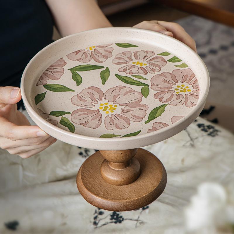 BRWooden Pallet High-sided Cake Plate Porcelain Plate Pink Flowers Fruit Tray Retro Desktop Storage Tray  Kitchen OrganizerEY