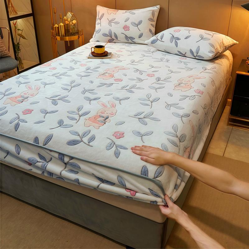 WOSTAR Luxury double bed fitted sheet elastic mattress protector cover couple winter warm fluffy coral fleece bedspread 150x200