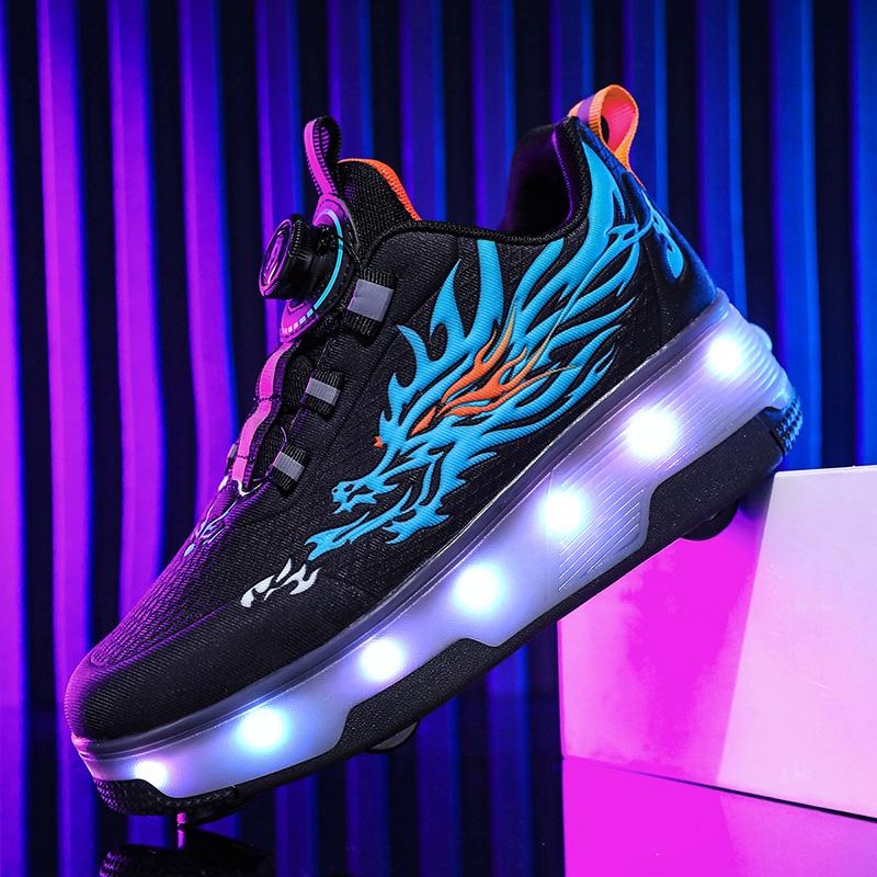 Children's Roller Skates Removable Flat Charging LED Four Wheels Glowing Sports Shoes Pink Women's Glowing Sneakers