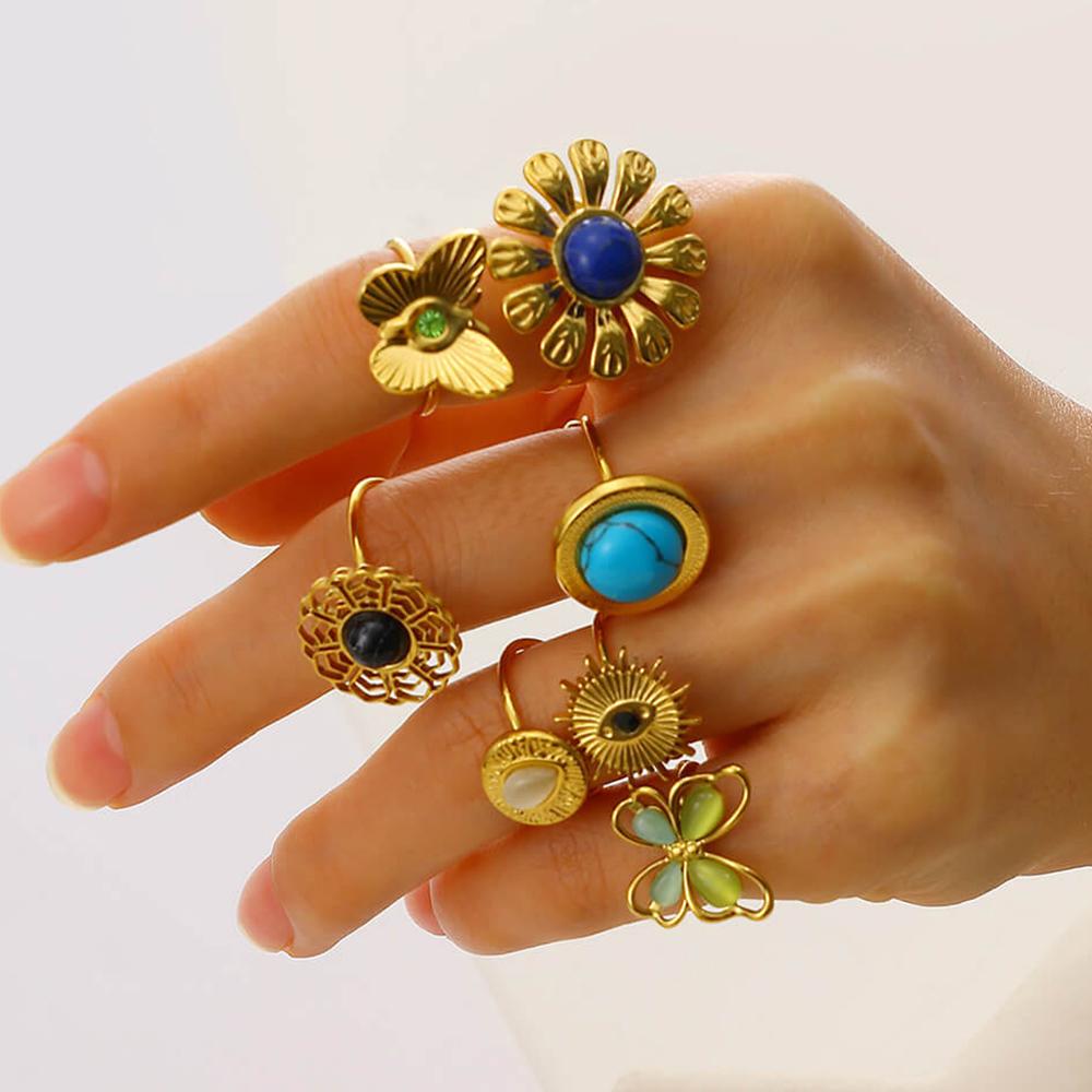 Stainless Steel Tiny Butterfly Opening Rings Women Vintage Turquoise Geometric Flower Anillos Gold Color Jewelry Christmas Gift
