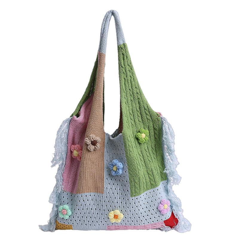 Cotton Casual Tote Bag With Contrasting Color Blocking For Daily Use