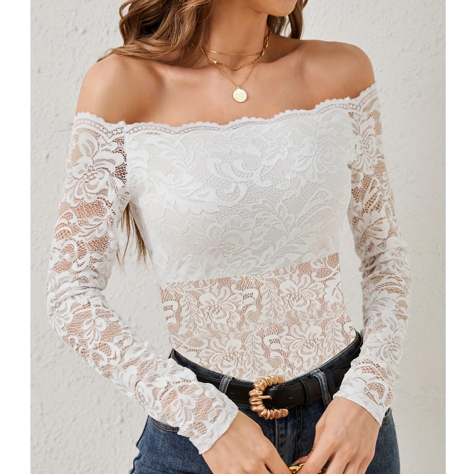 

Женская повседневная футболка с воротником-веером, прямым вырезом и открытыми плечами, кружевная футболка, топ с длинными рукавами XL белый