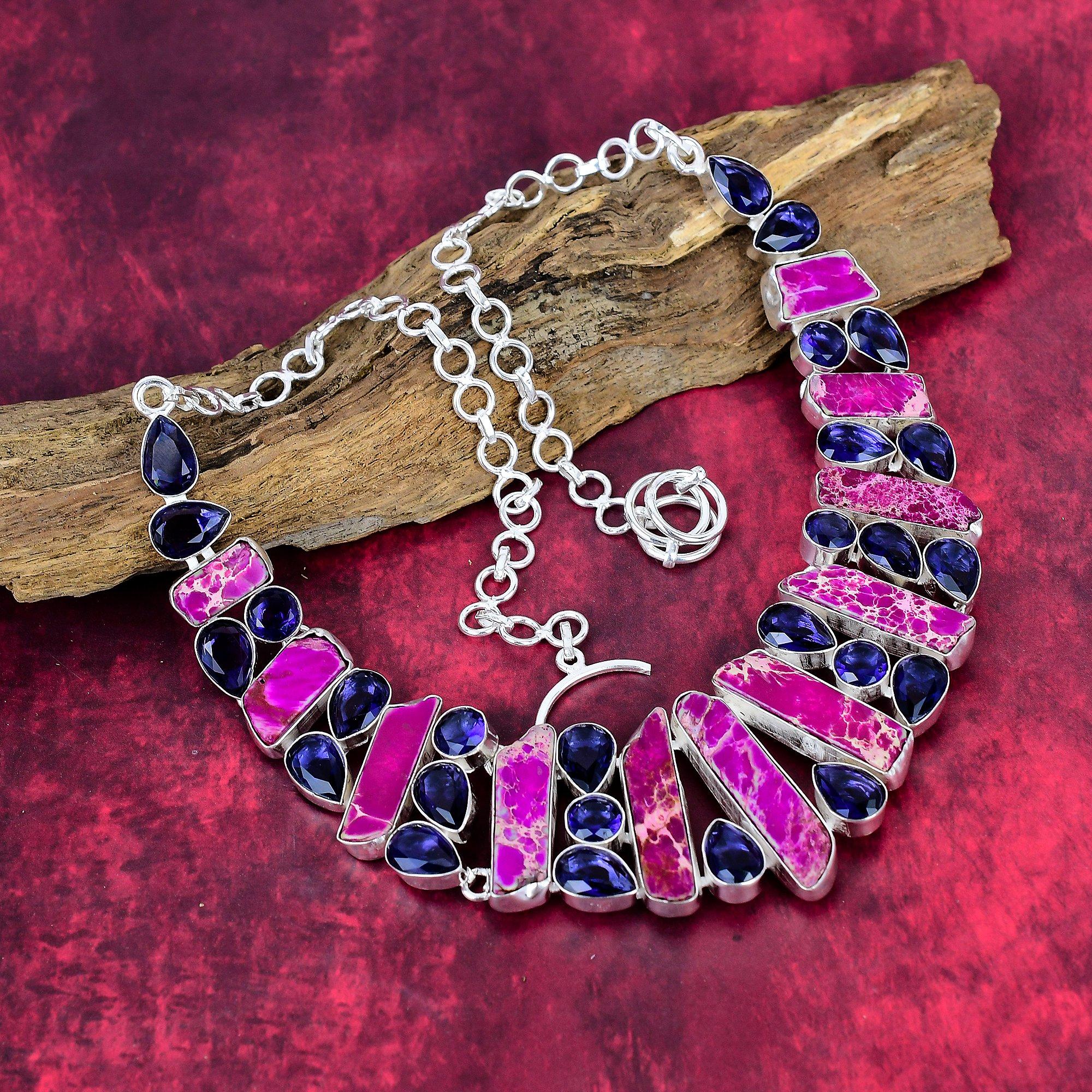 

Фиолетовый морской осадок и синий сапфир Ручная работа Каменное ожерелье, Цепочка-ожерелье из стерлингового серебра 925 пробы Старинные украшения, Ожерелье в подарок на помолвку