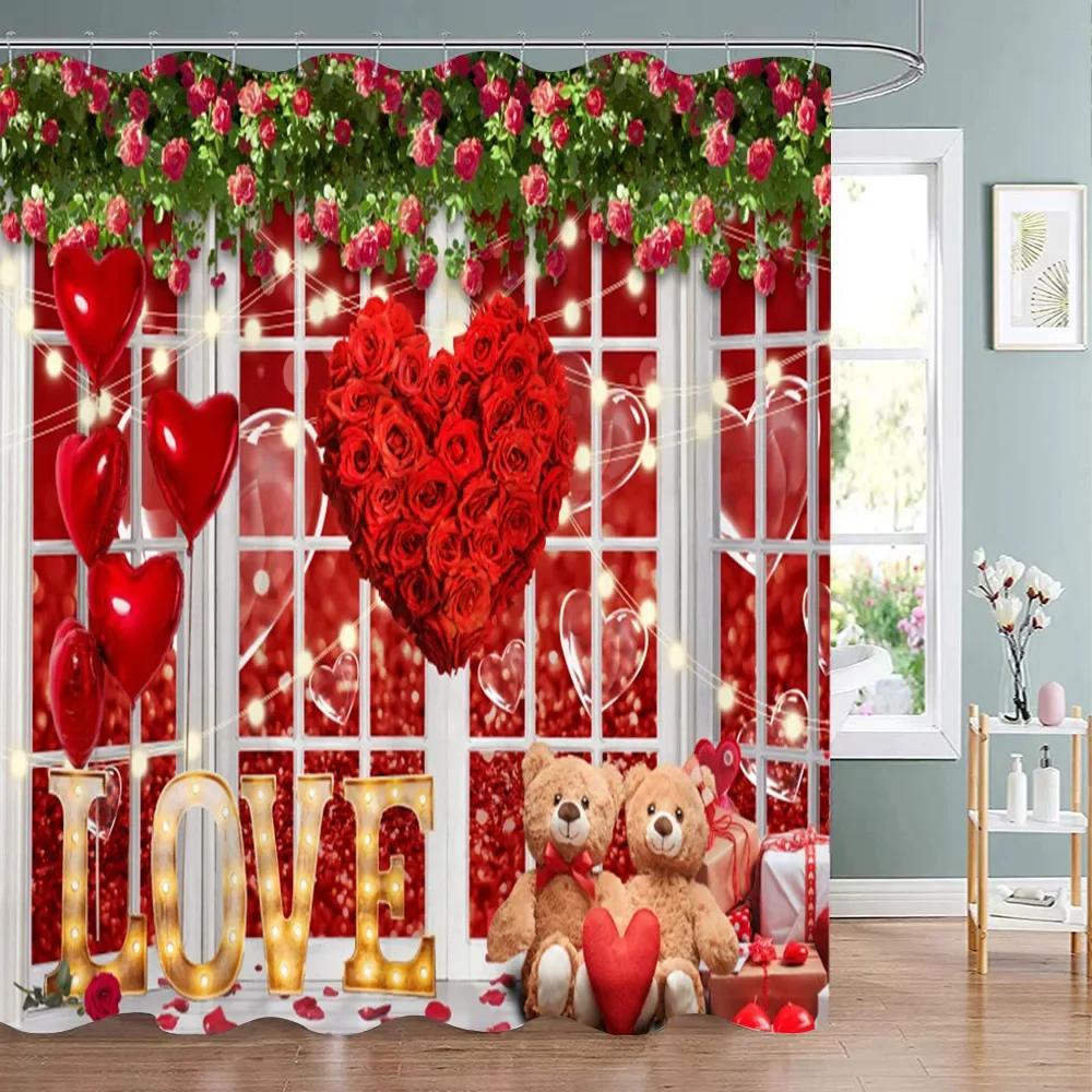 Valentine's Day Decoration Shower Curtain Holiday Gift Party Background Decoration Fabric Washable Shower Curtain Bathroom Decor