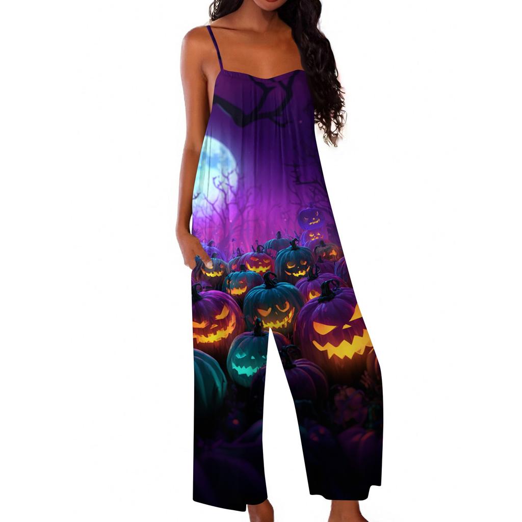 Womens Halloween Print Casual Loose Fit Jumpsuit Spaghetti Strap Wide Leg Romper One Piece Outfit for Everyday Wear