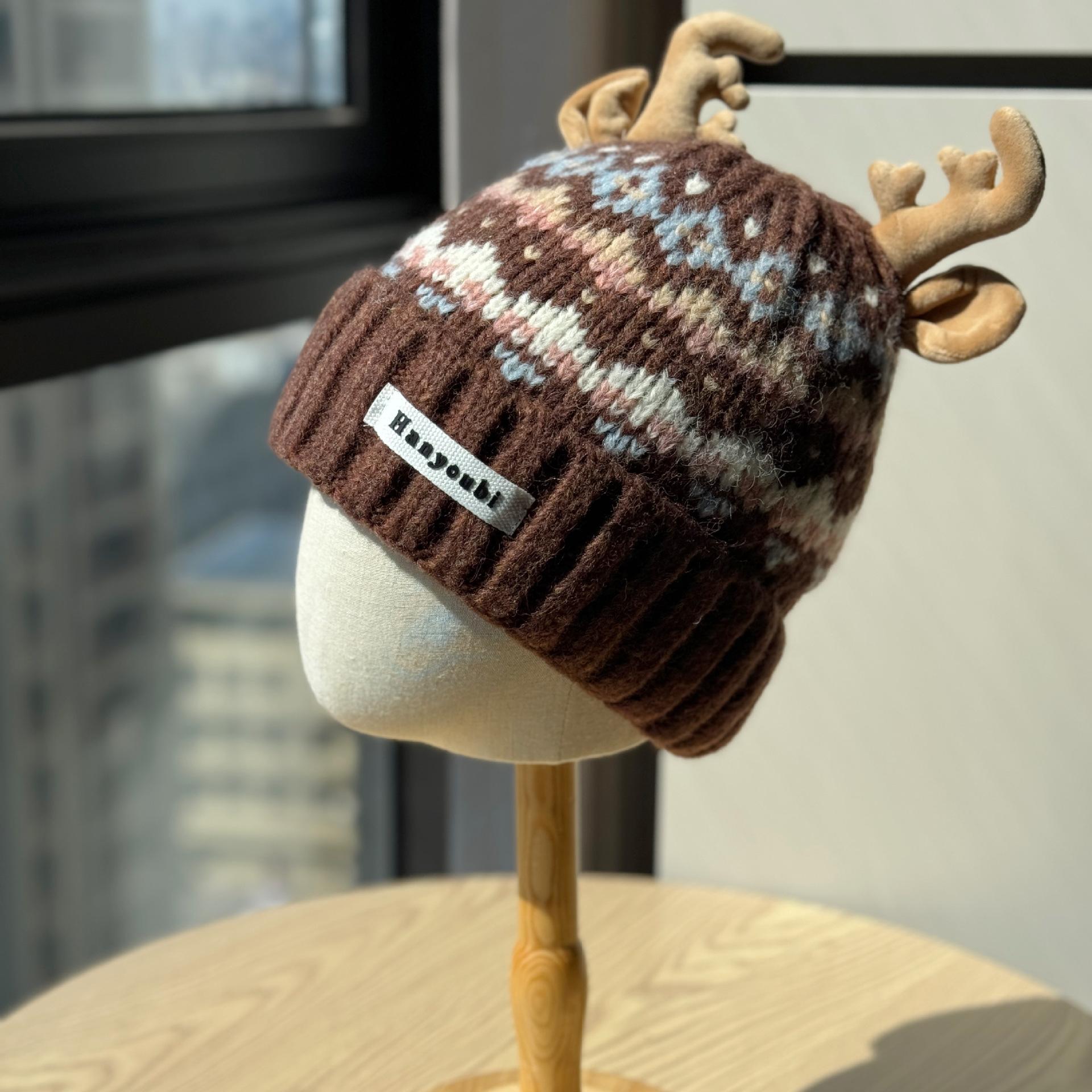 

New Cute Christmas Red Antler Knitted Hat for Women in Autumn and Winter Thickened Fashionable Warm Plush Ear Protection Woolen Hat one size