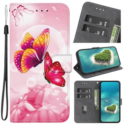 Pink Butterfly Pattern Flip Wallet PU Leather Case with For iPhone Samsung Infinix TECNO OPPO Realme Moto Blackview...for Over 900 Phone Models