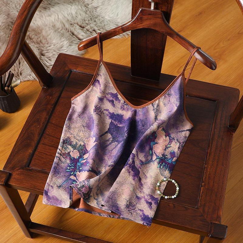 Women's Summer New Silk Loose V-neck Chinese Style Inner Top Sleeveless Vests