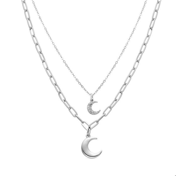 Collier - Luna - Zircone Brillante - Plaqué Rhodium - Argenté