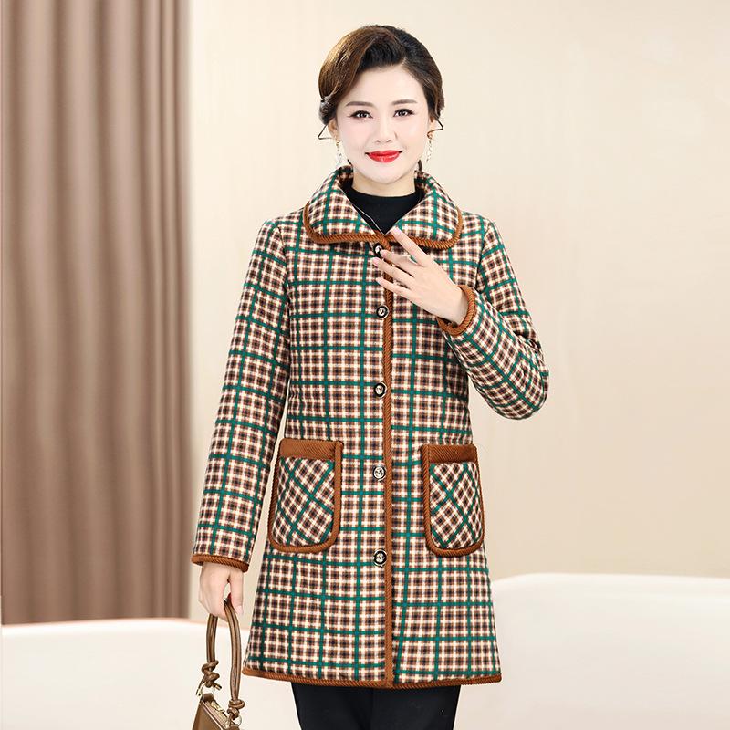 Mom's Warm Plaid Velvet-Enhanced Winter Coat for Mid-Aged Women