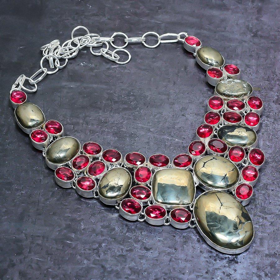 Pyrit Achat, Granat Handgefertigt 925 Sterlingsilber Schmuck Halskette 18" o1s14