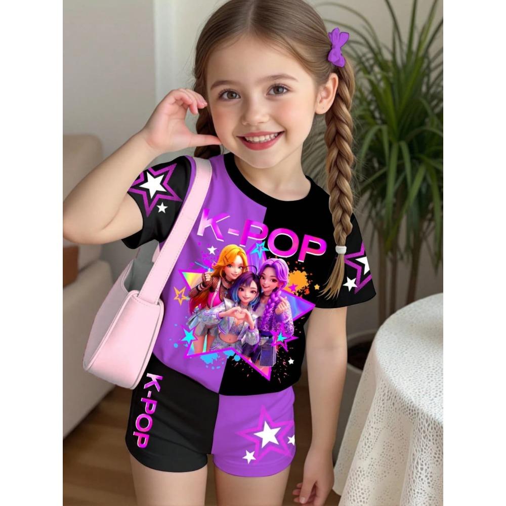 K-Pop-Cartoon-Grafik-T-Shirt- und Hosen-Set für Mädchen, Sommerkleidung für Mädchen, süßes Kurzarm-Set, Kinder-T-Shirt- und Shorts-Set