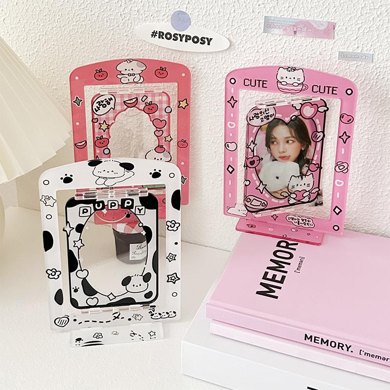 3inch Cute Photo Holder Card Display Stand Acrylic Card Sleeve Photocard Frame Desktop Decor Photo Protection Rotatable Sweet