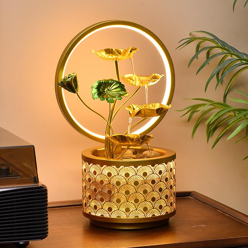 Lotus Water Fountain with Light & Fish Tank: Feng Shui Wheel for Wealth & Home Decor