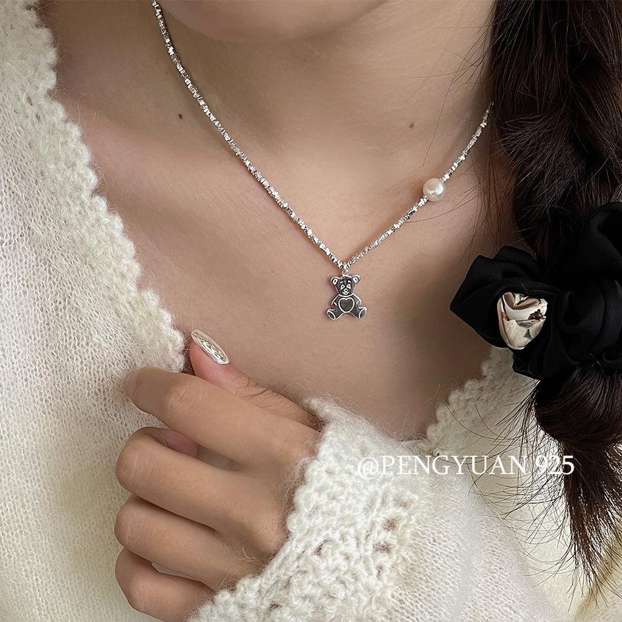 Su Chuang S925 Sterling Silver Little Bear Necklace with Freshwater Pearl - New Style Luxury Clavicle Chain
