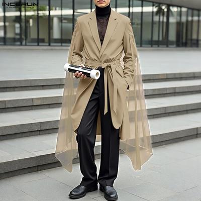 Men Long Sleeve Belt Mesh Patchwork Irregular Casual Thin Long Coats