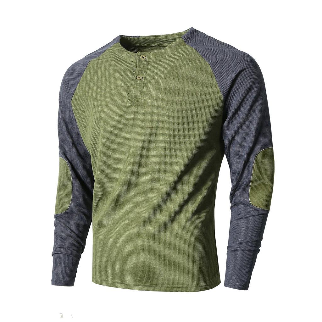 Men's Cross-Border Casual Raglan Sleeve Patchwork Round Neck Waffle Knit Sweatshirt for Spring/Autumn