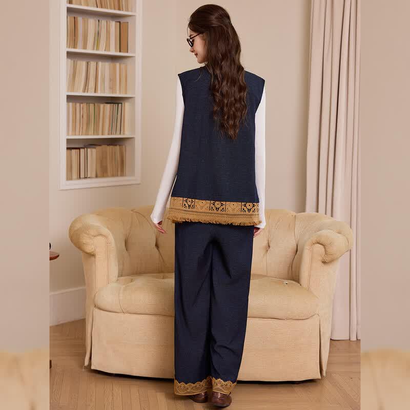 Women's Retro Lace V-Neck Vest & Straight-Leg Pants Set