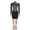 European & American Fashion Women's Solid Color Mesh Long Sleeve Mini Dress with Hot Drilling.