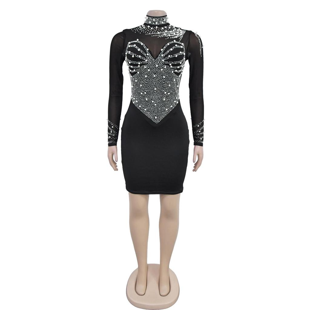 European & American Fashion Women's Solid Color Mesh Long Sleeve Mini Dress with Hot Drilling.