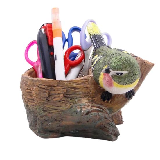 Simulated Bird Pen Holder Resin Stump Bird Stationery Pencil Stand