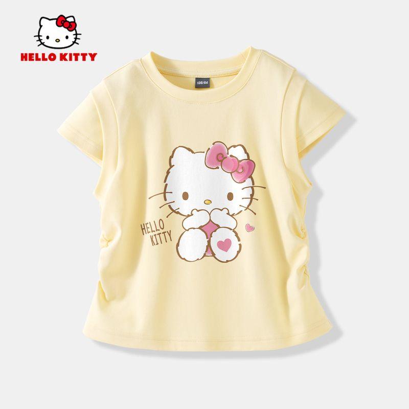 Hello Kitty Children's Short-Sleeved T-Shirt, Summer Girls' Base Shirt, Stylish Waist-Cinching Half-Sleeve Top for Girls
