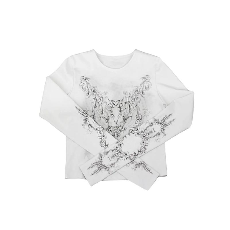 

Футболка с цветочным принтом Y2k, с круглым вырезом и длинным рукавом, симпатичная базовая повседневная футболка в стиле Харадзюку для женщин, наряды на весну и осень, футболка в стиле 90-х, шикарные топы S белый