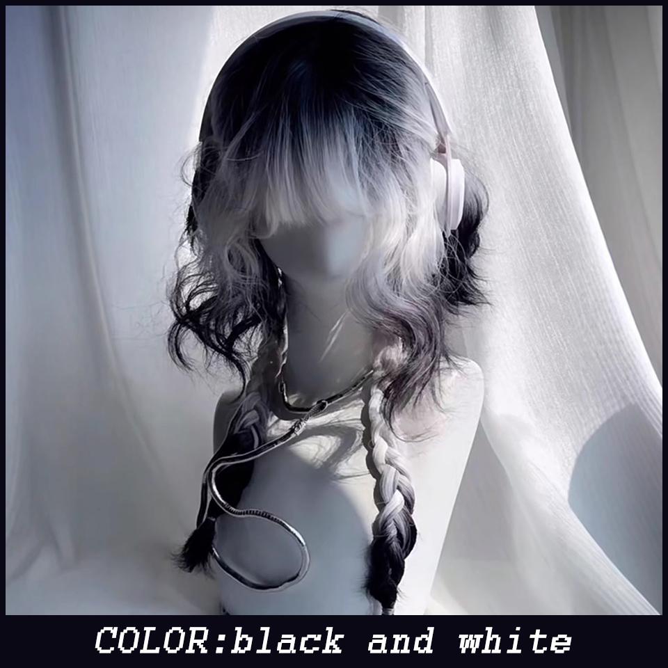 

WTB Синтетический парик Лолита, черно-белый градиент, шерсть, объем, слоистая повязка на голову Jllyfish, челка, рождественский парик для косплея 65cm