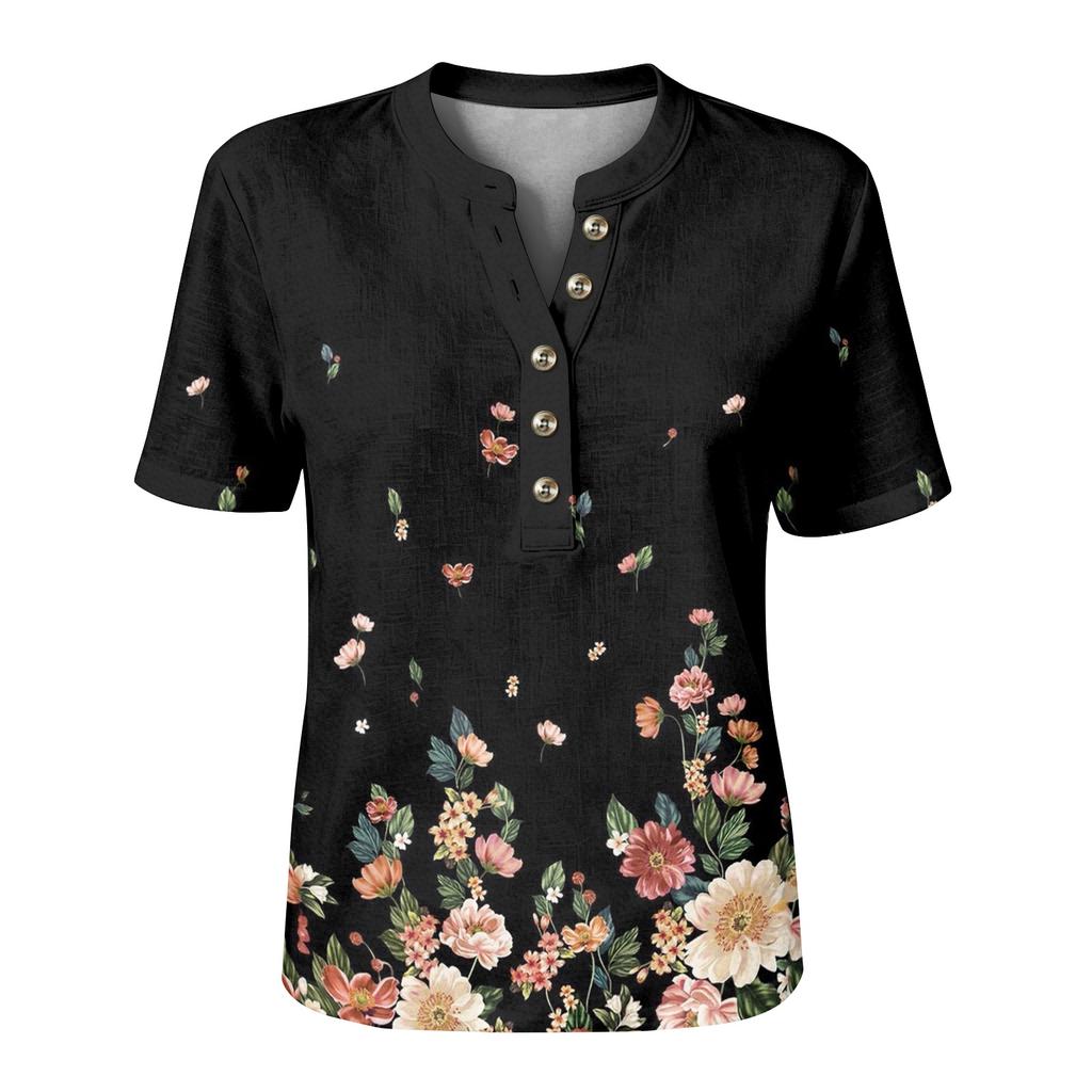 Women Short Sleeve Henley Neck Button Shirt Floral Print Linen Cotton Blend Casual Blouse Lightweight Summer Top