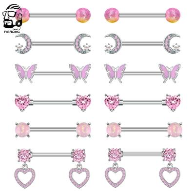 2pcs Heart Dangle Nipple Rings Shield Bar Sets for Women Stainless Steel Moon Butterfly Shaped Nipple Piercings Barbell