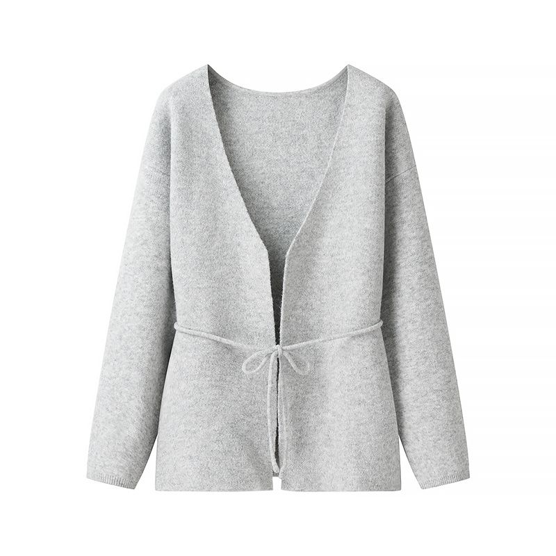 Kaslead New Arrival Women's Clothing Fashion Style Stylish Simple and Versatile Casual Lace Up Cardigan Long Sleeves Sweater