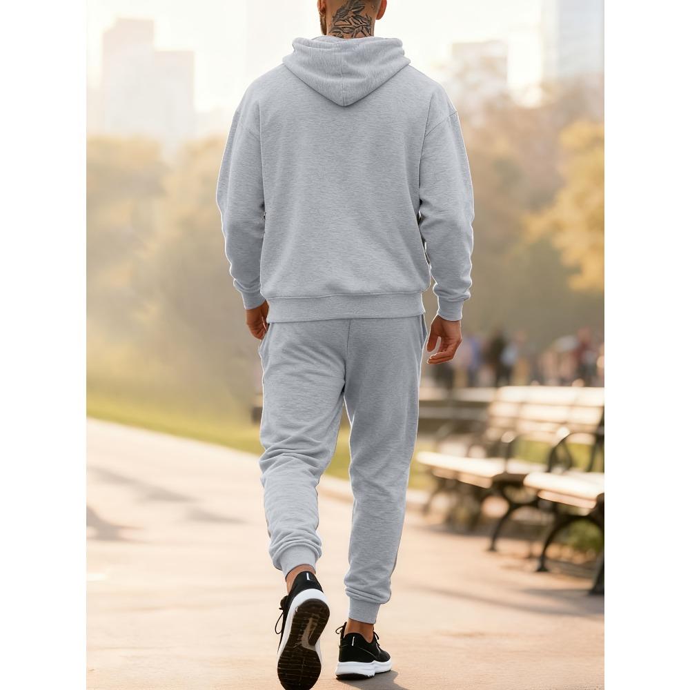 Men's Two Piece Casual Suit with Printed Drawstring Hoodie and Matching Drawstring Sweatpants, Suitable for Traveling