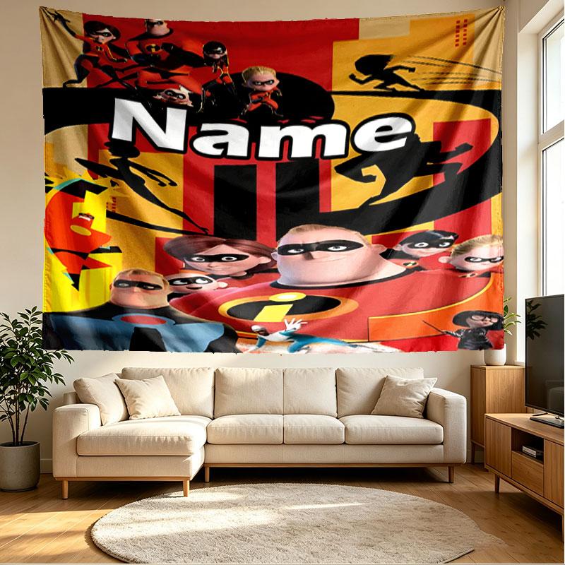 Custom Name Personalized Incredibles Print Tapestry, Wall Art Decor, Bedroom, Dorm, Apartment, LivingRoom, Party Backdrop, Gift for Birthday