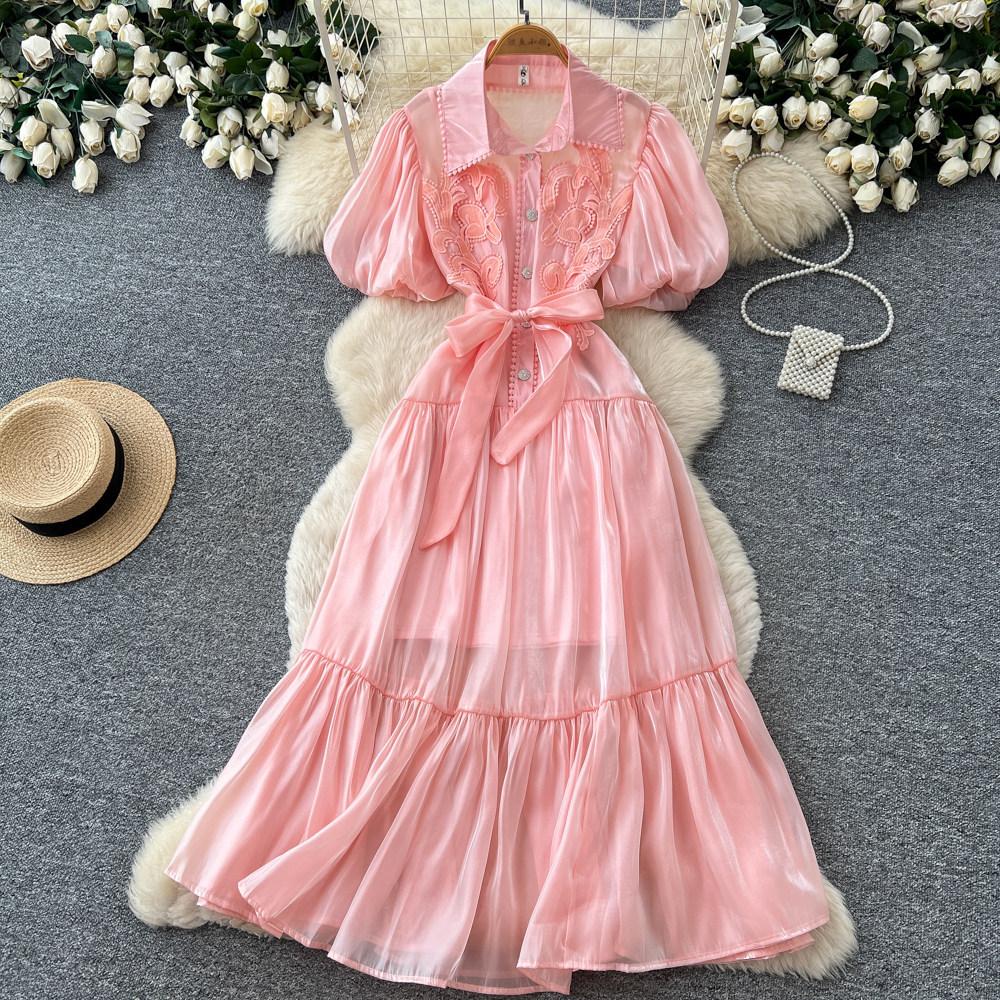 French Gentle Wind Pink Lantern Sleeve Dress Women's Summer Romantic Wind Lace-up Waist A-shaped Dress Skinny Commuter