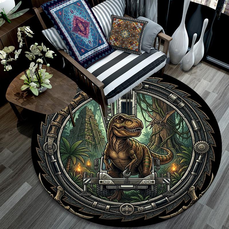Dinosaur Steampunk Adventure Round Area Rug Under Office Chairs Bedroom Living Room Home Decor 80cm x 80cm
