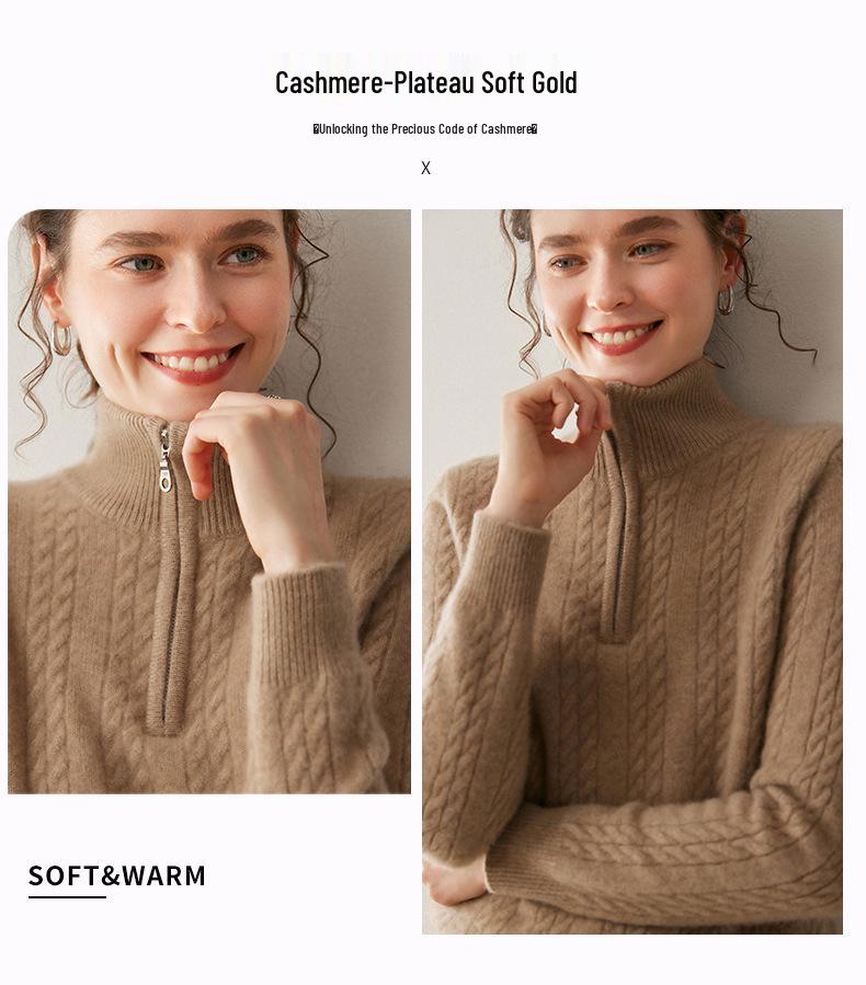 Women's Thickened Cashmere Stand Collar Sweater - Loose Fit, Zipper Lapel, Autumn/Winter 2024
