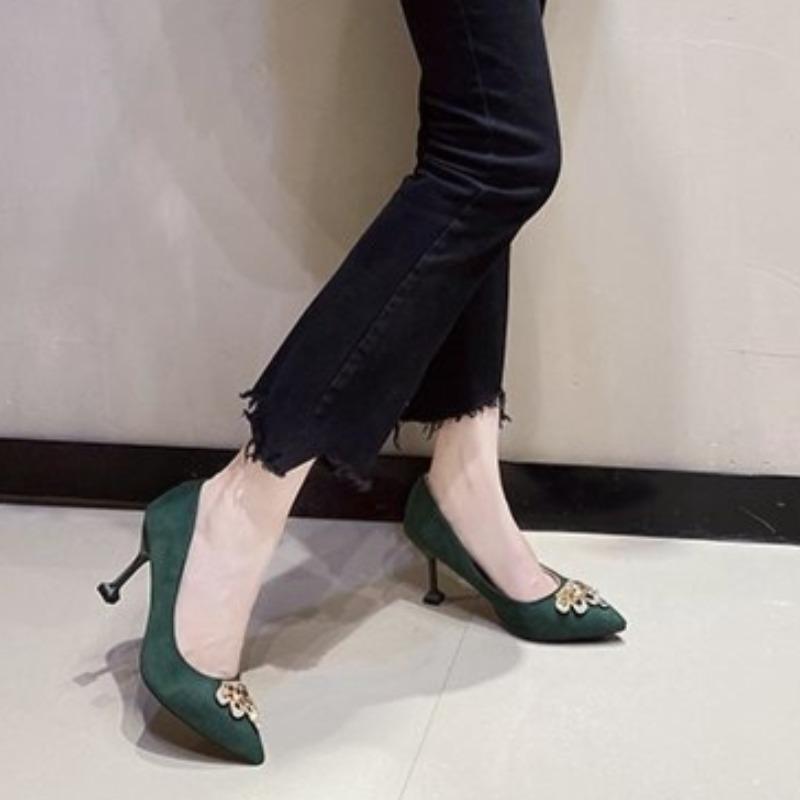 Fashion Women's Stiletto Single Shoes Fashion New Pointed Toe Suede Shallow Rhinestone Metal Crown Pump Heels
