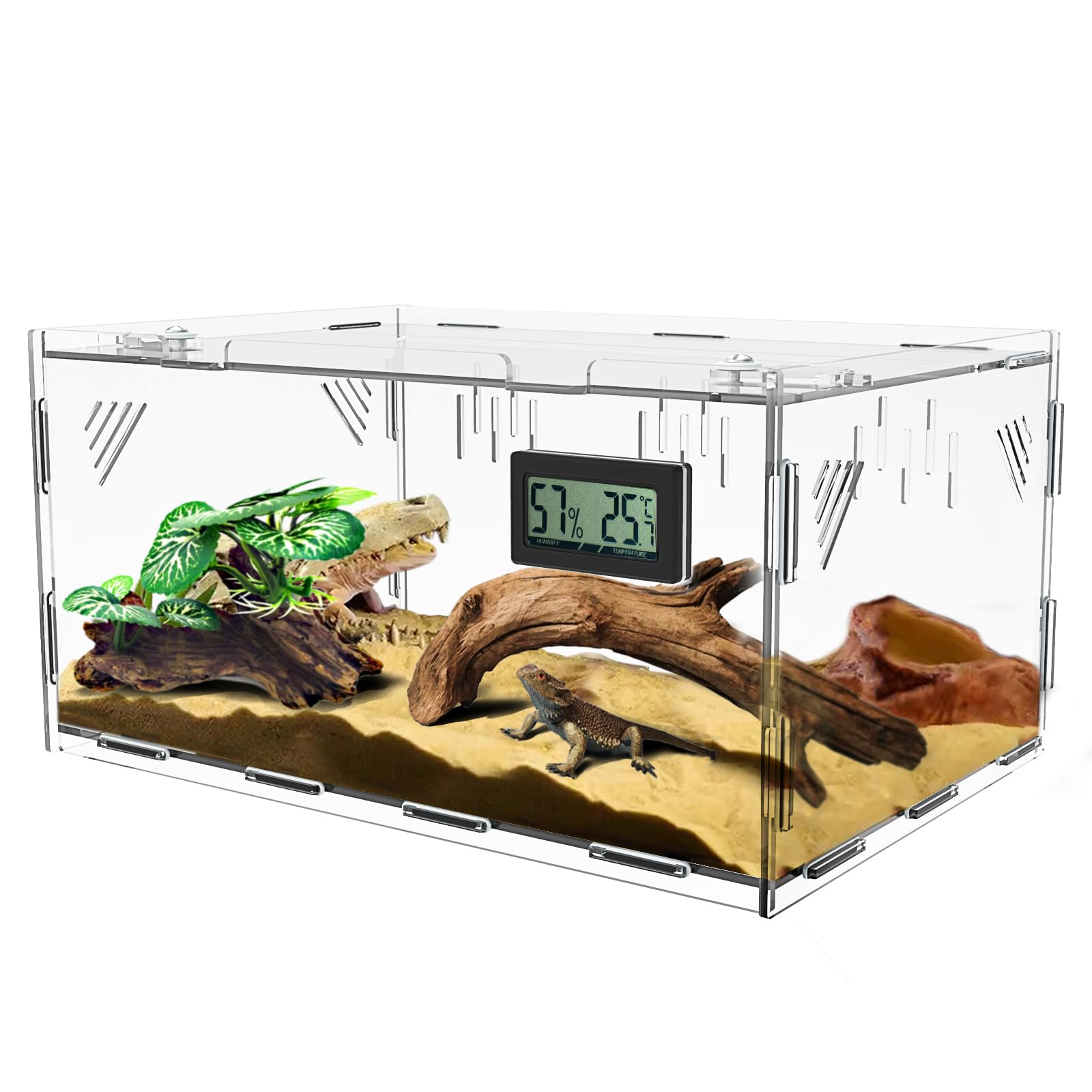 Lizard Cage Reptile Cage Breeding Case with Thermometer and Hygrometer Reptile Terrarium Tank Insect Breeding Case Transparent Ventilated Cage Feeding