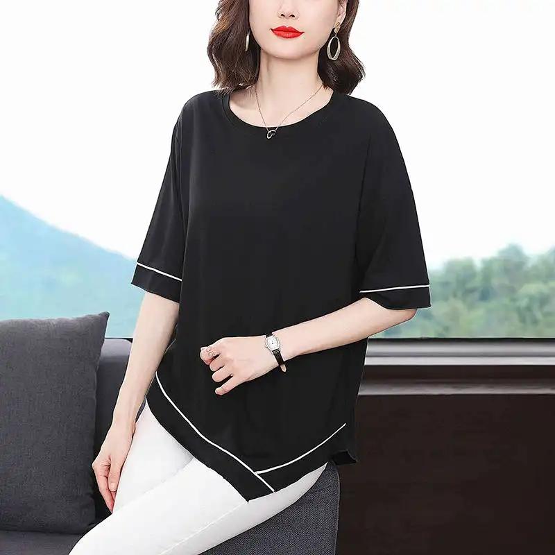 Loose and Thin All Match Short Sleeved Slimming Middle-aged Round Neck Top with Five Quarter Sleeves Stylish T-shirt Top