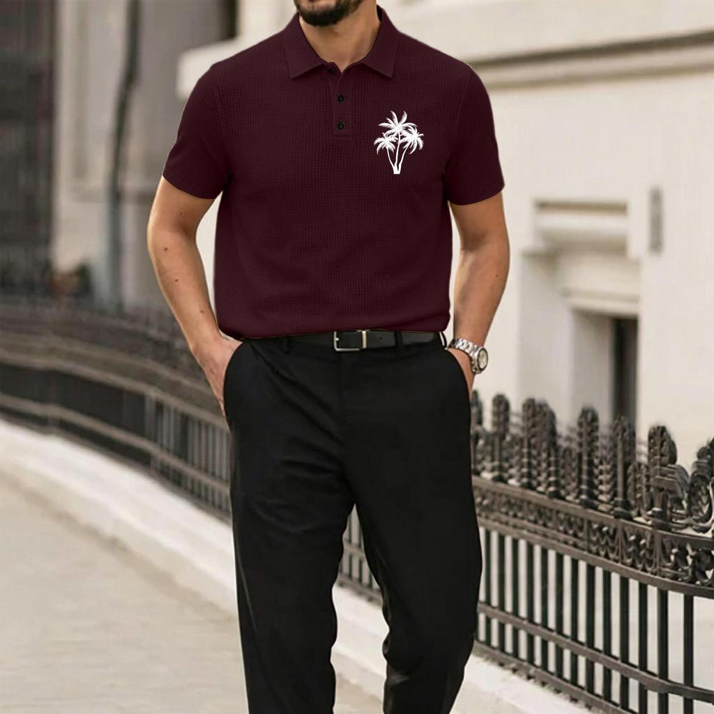 Men's Summer High-End Mesh Ice Silk Short Sleeve Polo Shirt Breathable Lightweight Casual Top with Palm Tree Embroidery