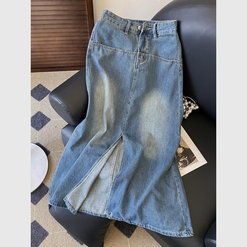 Women's Retro A-Line Denim Midi Skirt - 2025 Spring Collection, Mid-Length with Slit for a Stylish Bodycon Fit