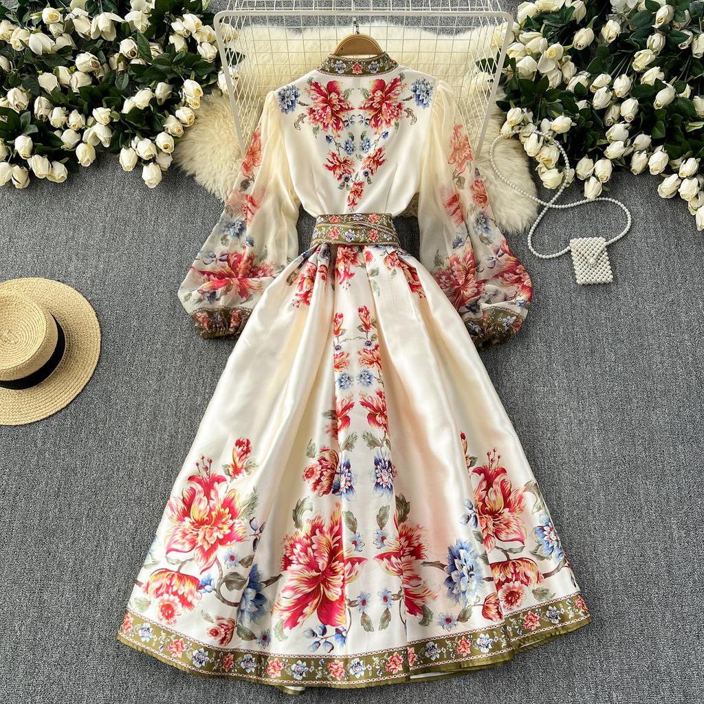 Floral Summer Dress Women Slim Waist Bandage Temperament Robe Femme  Vestidos De Mujer Vintage Elegant Maxi Dresses 27w921