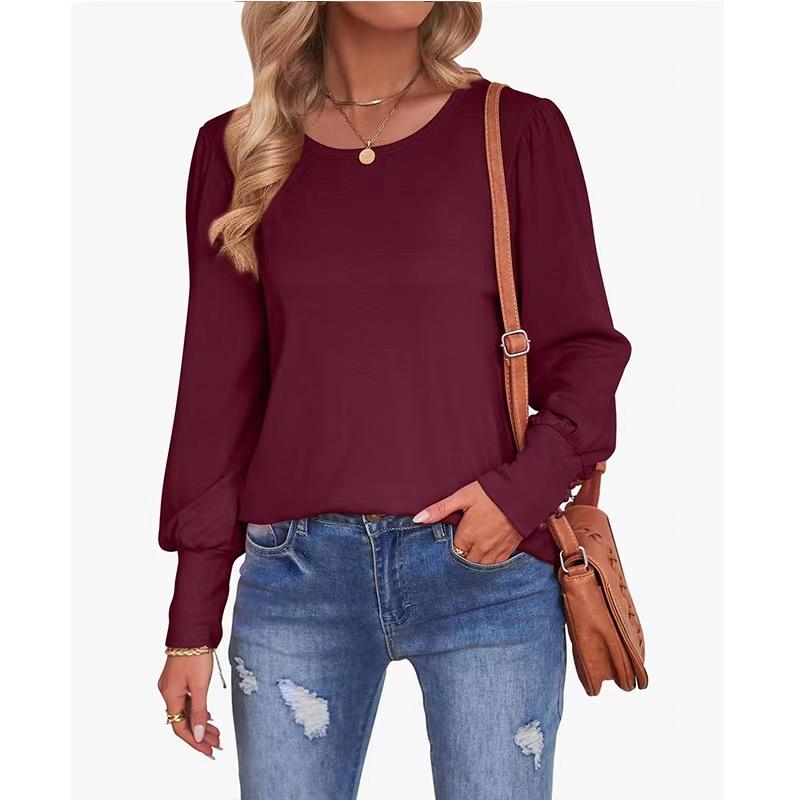 Damen Langarm T-Shirts Rundhals Puffärmel Chiffon Pullover Shirts Einfarbig Bluse Tops