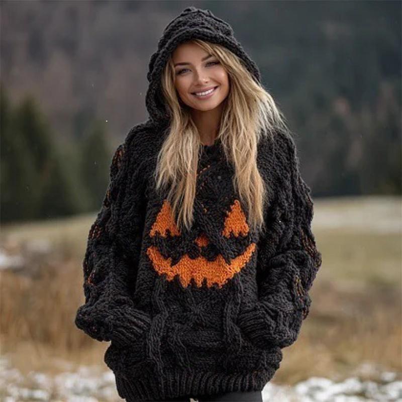 Womens Cozy Oversized Hooded Sweater With 3D Christmas Snowman Print Soft Knit Pullover Winter